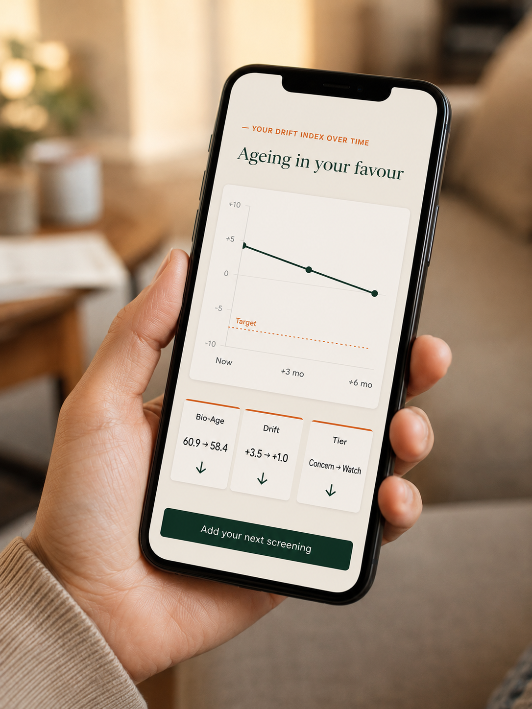 Hand holding a phone showing the Atlas Drift Index trending down toward target