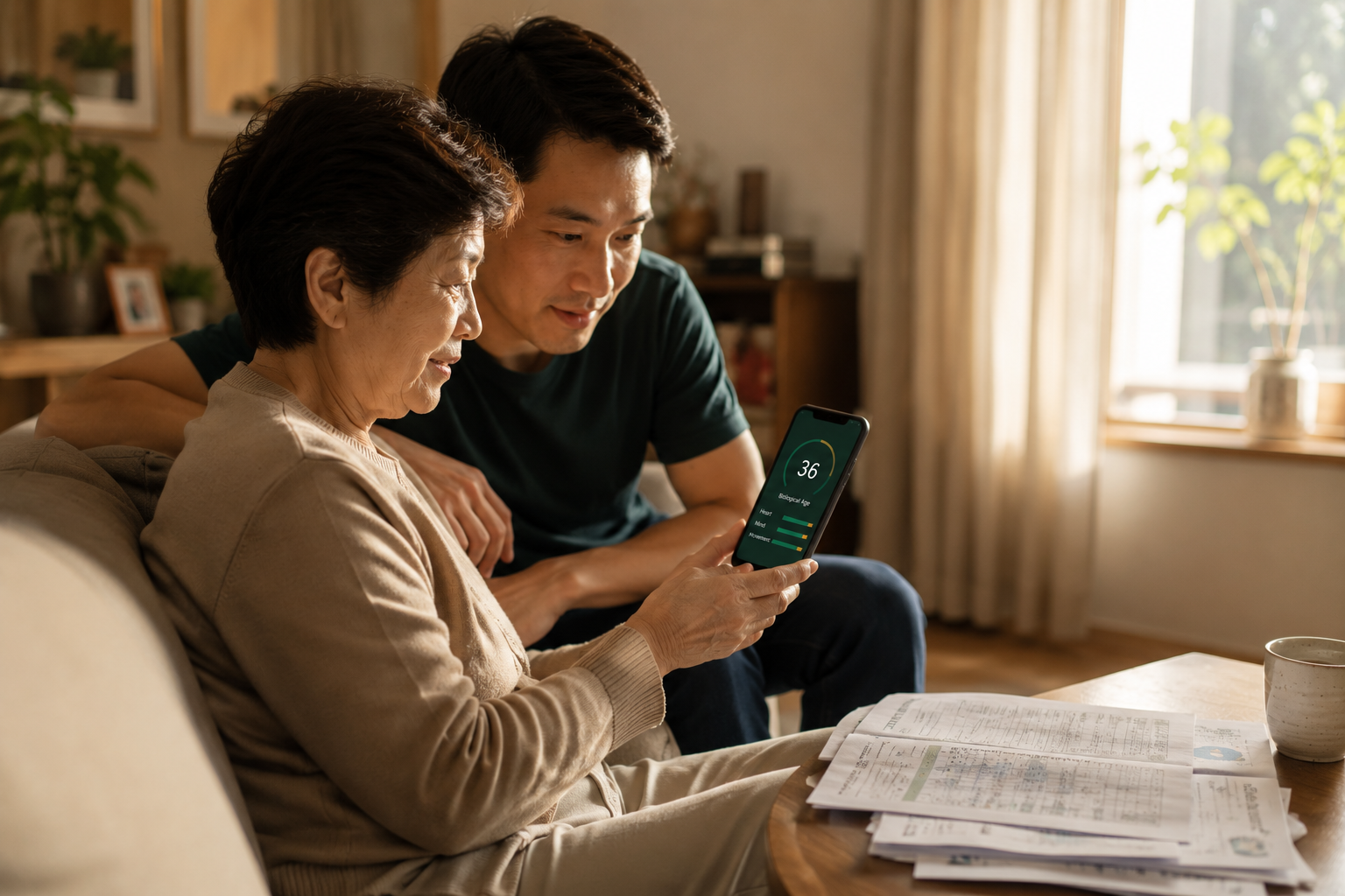 A woman in her sixties and her adult son reading Atlas results together, paper reports on the table